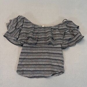Free People Heirloom Black & Grey Striped Ruffle Top Womens Size Med Blouse Boho